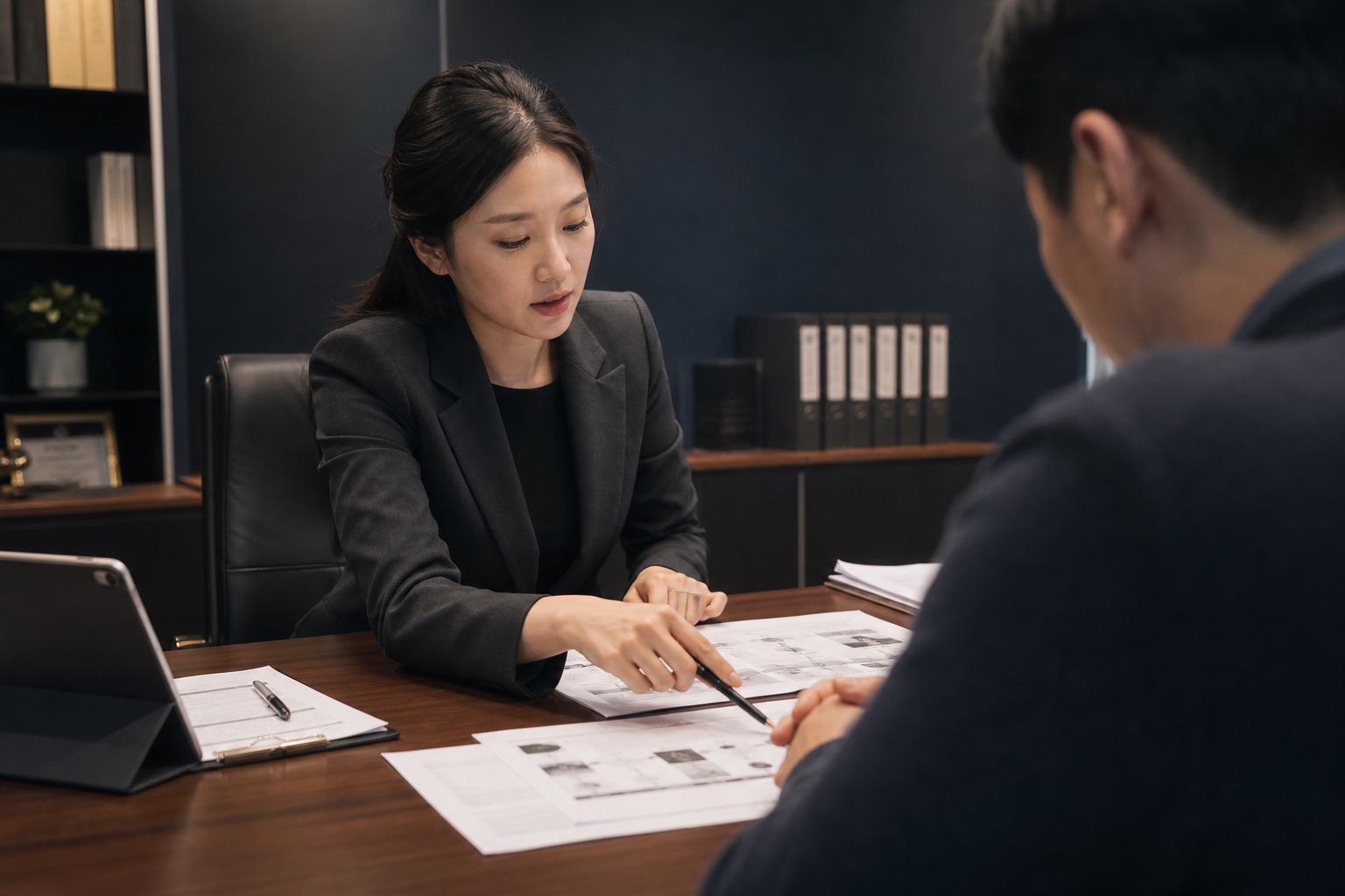 동양인 변호사가 의뢰인과 증거 자료를 검토하는 비공개 상담 장면